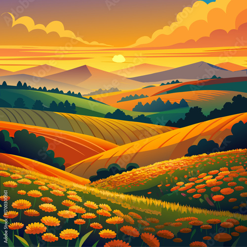 Vibrant marigold field rolling hills landscape at sunset vector illustration