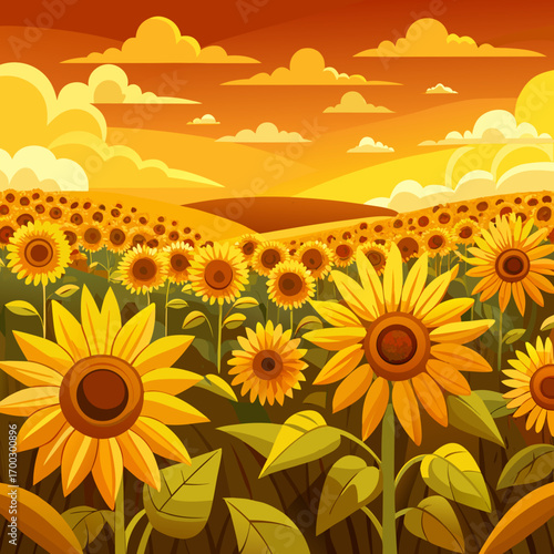 Vast golden sunflower field under a bright summer sky and clouds vector illustration