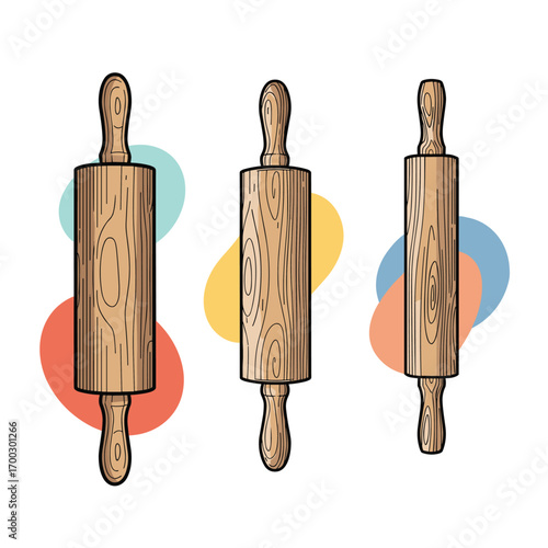 Three wooden rolling pins for baking dough preparation kitchen utensils for cooking and pastry making