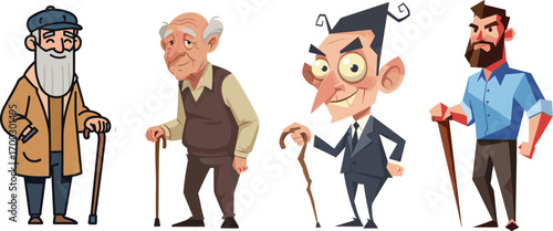 Cartoon male characters with canes, elderly, middle-aged, young, bearded, suited, casual, diverse styles, fashion, personality, walking aid