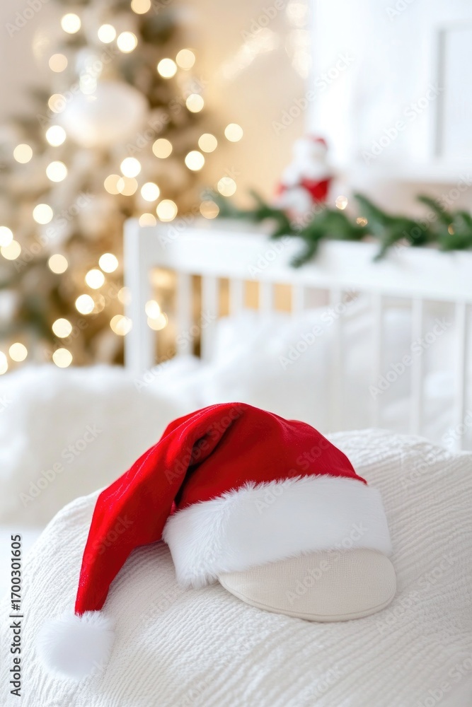 Fototapeta premium Cozy holiday scene with santa hat on knit blanket amid warm christmas lights