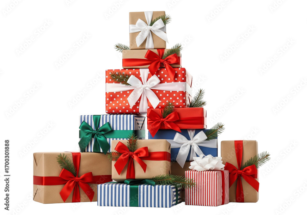 Fototapeta premium Stacked Christmas Gift Boxes with Festive Wrapping and Pine Accents on White Background