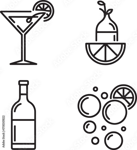 Wine bottle and glasses set of alcoholic drinks vector illustration