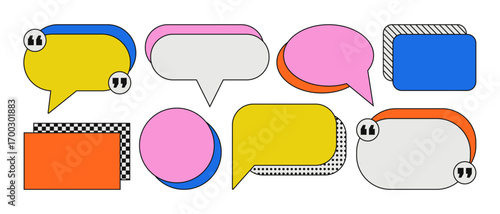 Collection of blank colorful speech bubbles and comic elements in memphis style. Perfect for stickers, posters, t-shirt prints, social media graphics, and creative design projects.