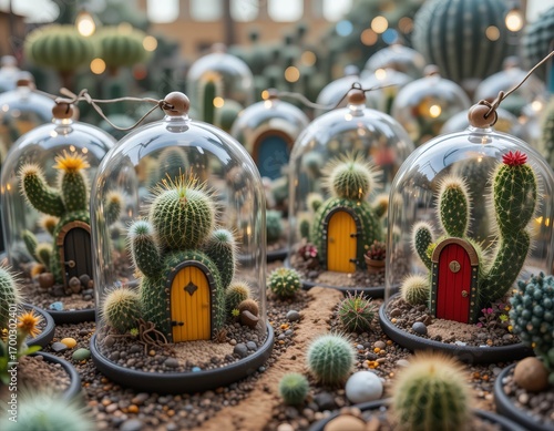 Whimsical miniature cactus gardens under glass domes with tiny doors