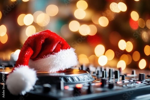 Festive dj mixer with santa hat and colorful bokeh lights celebrating holiday party atmosphere