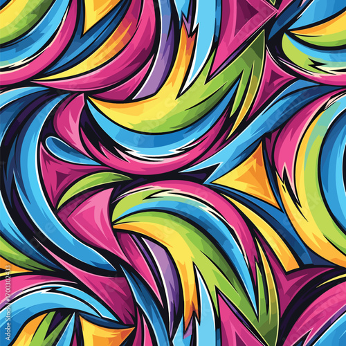 Dynamic abstract graffiti art with vibrant colors and bold outlined shapes, patern seamless, Stock royalty image.