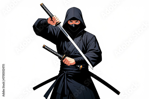 Ninja warrior in black holding two swords ready for battle