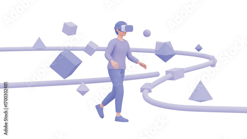 Person wearing VR headset navigates abstract 3D environment with geometric shapes, exploring digital reality with curious and innovative spirit.