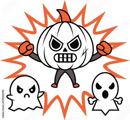 Angry pumpkin and ghosts with orange bursts halloween