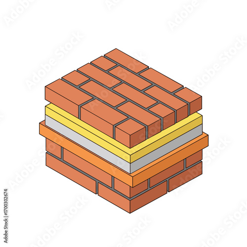 Multilayer brick wall construction with thermal insulation core