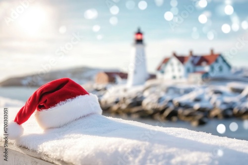 Festive lighthouse with santa hat in winter coastal scene