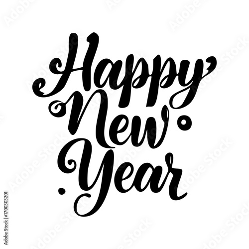 Happy New Year lettering, elegant calligraphy, festive typography design, black ink on white background, vector illustration, decorative script font, minimal style, holiday greeting card template, mod