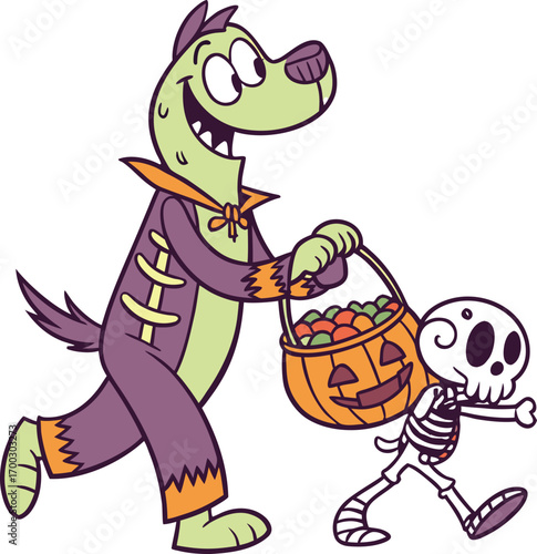 Cartoon dog skeleton trick or treat halloween