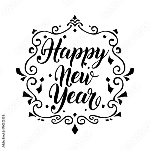 Happy New Year lettering, elegant calligraphy, festive typography design, black ink on white background, vector illustration, decorative script font, minimal style, holiday greeting card template, mod
