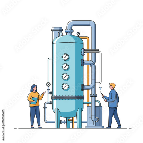 Industrial water purification system equipment and personnel inspecting operation and performance levels