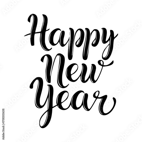 Happy New Year lettering, elegant calligraphy, festive typography design, black ink on white background, vector illustration, decorative script font, minimal style, holiday greeting card template, mod