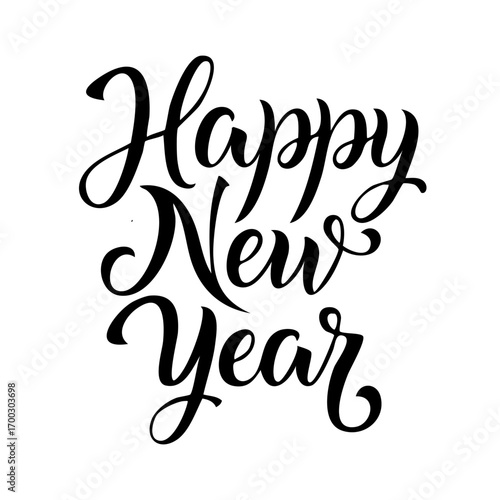 Happy New Year lettering, elegant calligraphy, festive typography design, black ink on white background, vector illustration, decorative script font, minimal style, holiday greeting card template, mod