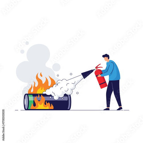 Person extinguishing a burning battery with a fire extinguisher demonstrating electrical safety precautions and fire prevention