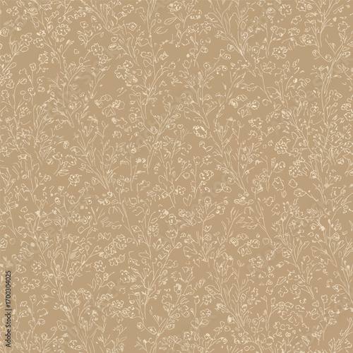 Delicate floral pattern with tiny flowers and thin branches on a tan background, patern seamless, Stock royalty image.