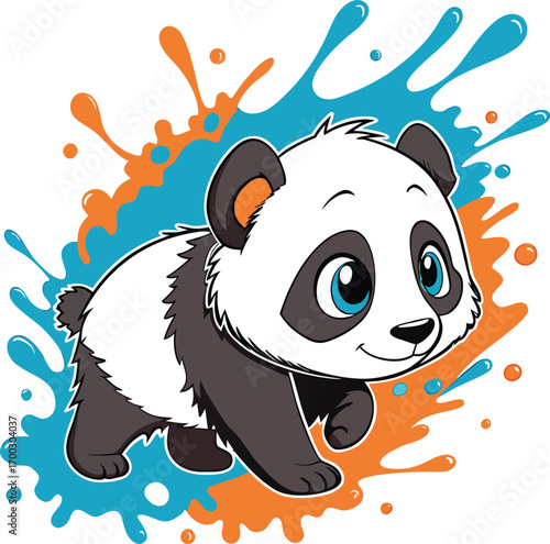 Cute panda with blue and orange splashes animal cartoon