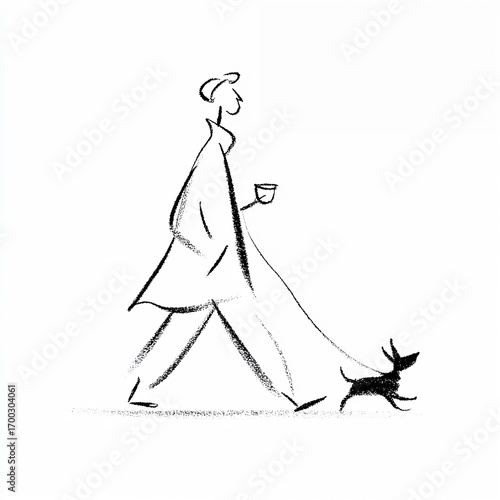 Minimal line sketch of person walking dog with coffee cup
