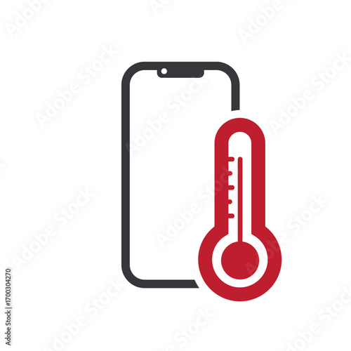 Isolated pictogram showing mobile phone with hot temperature warning, symbol for heat restriction, overheating risk, caution, safety, device usage control.