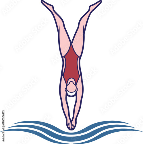 Diver in red swimsuit plunging into blue waves swimming