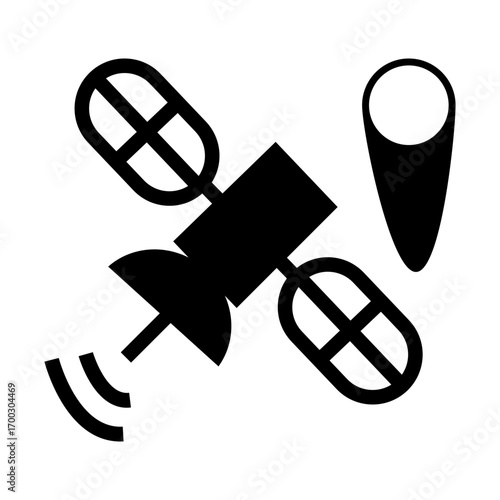 Black and white vector illustration of a satellite with a location pin marker, symbolizing GPS, geolocation, and satellite navigation