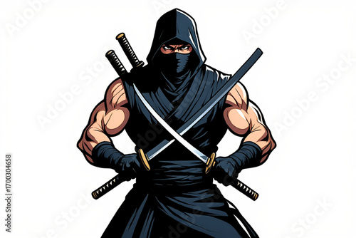 Muscular ninja warrior with crossed swords ready for battle