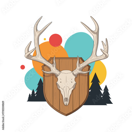 Majestic antlers mount displayed on wooden plaque with forest background and colorful abstract shapes