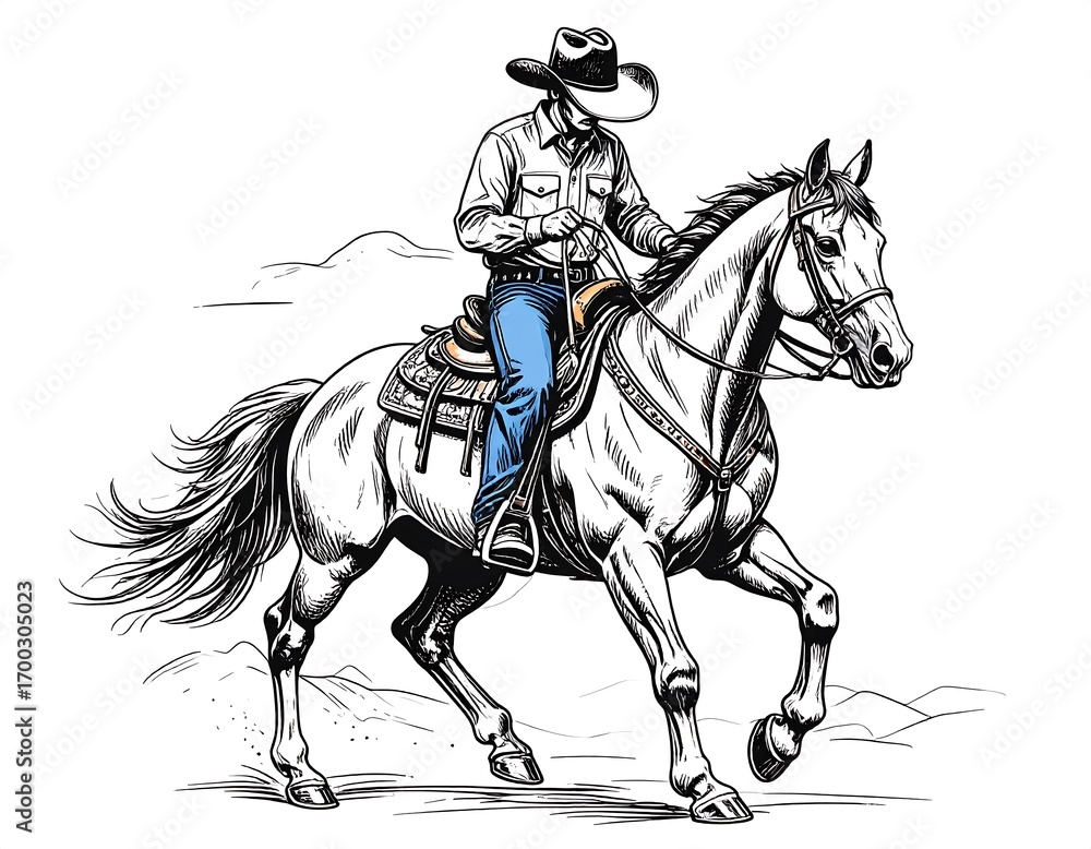 Fototapeta premium Vintage Cowboy Riding Horse Illustration on White Background for Editorial Use