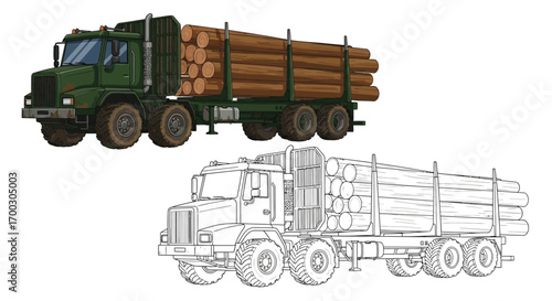 Articulated Logging Truck Coloring Page with Bold Outlines for Children and Adults