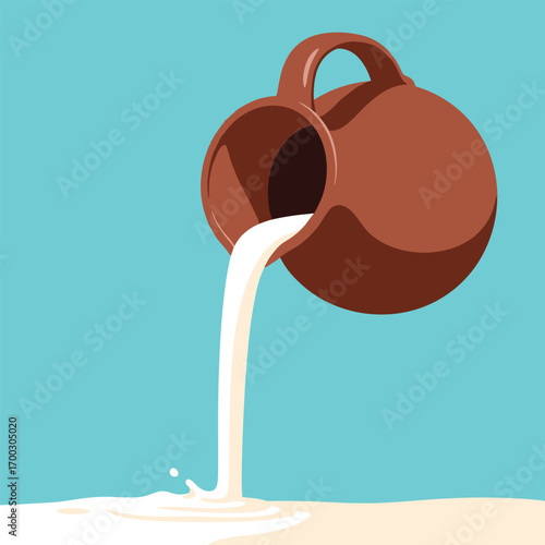 Traditional clay jug pouring fresh creamy milk onto a textured surface under a bright blue sky