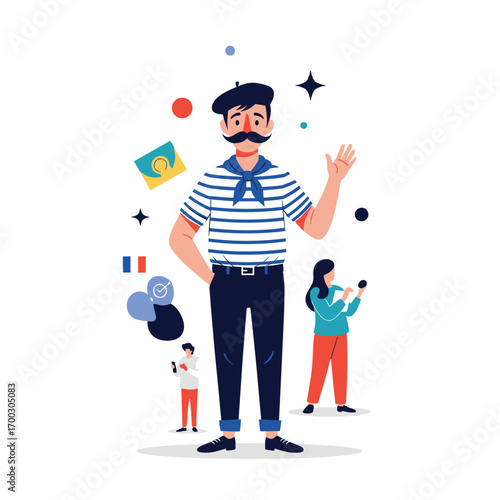 A charming french gentleman waves hello surrounded by symbols of culture and communication vibrant illustrations capturing parisian life and global connection