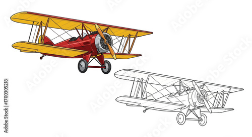 Biplane Aircraft Coloring Page for Children and Adults with Dual Design Options