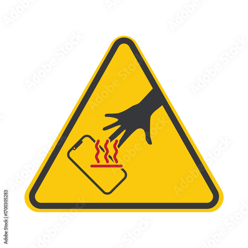 Isolated caution mobile phone with hot temperature warning, symbol for heat restriction, overheating risk, caution, safety, device usage control.