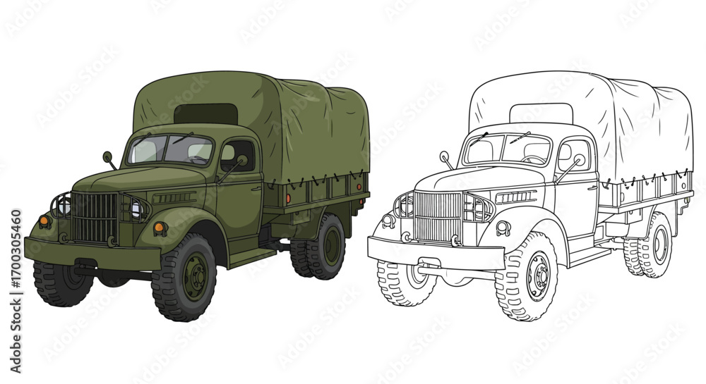 Obraz premium Classic 1940s Military Cargo Truck Coloring Sheet for Educational Art Activities