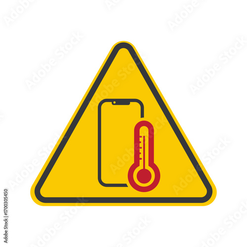 Isolated caution mobile phone with hot temperature warning, symbol for heat restriction, overheating risk, caution, safety, device usage control.