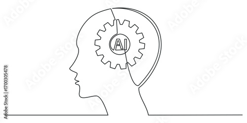Continuous one line drawing of Human head with gears. Artificial intelligence. Technology progress. Vector isolated outline drawing. Vector illustration