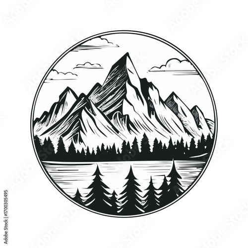 Beautiful mountain landscape illustration, black and white color style, flat vector style, scenic alpine view, nature background, outdoor adventure design