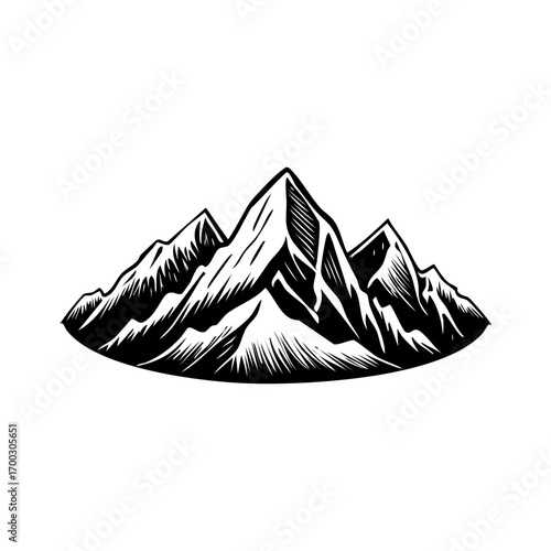 Beautiful mountain landscape illustration, black and white color style, flat vector style, scenic alpine view, nature background, outdoor adventure design