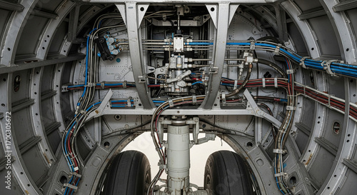 A detailed, internal view of an aircraft's landing gear bay, showcasing a complex network of hydraulic lines, electrical wiring, and structural components