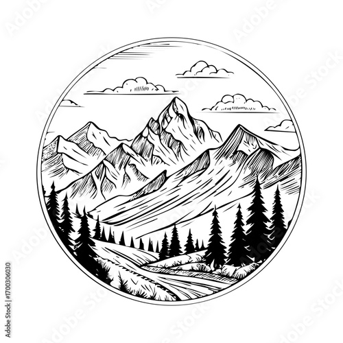 Beautiful mountain landscape illustration, black and white color style, flat vector style, scenic alpine view, nature background, outdoor adventure design