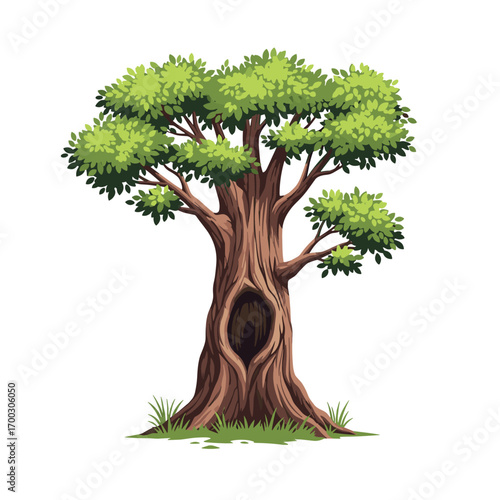 An ancient majestic oak tree with a hollow trunk standing tall in a lush green meadow under a clear blue sky
