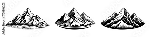 Beautiful mountain landscape illustration, black and white color style, flat vector style, scenic alpine view, nature background, outdoor adventure design