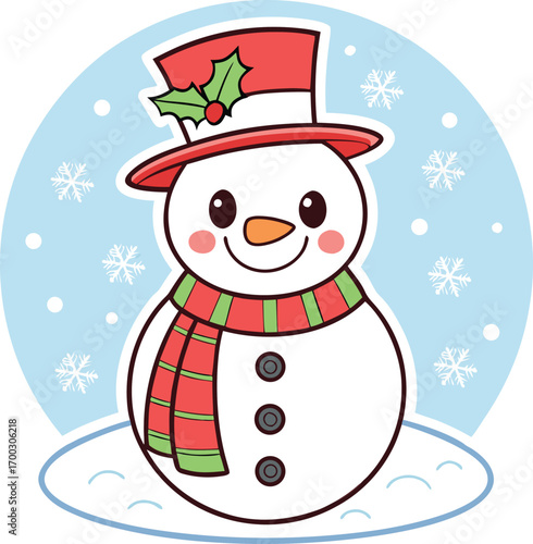 Smiling snowman with red hat and scarf cartoon winter