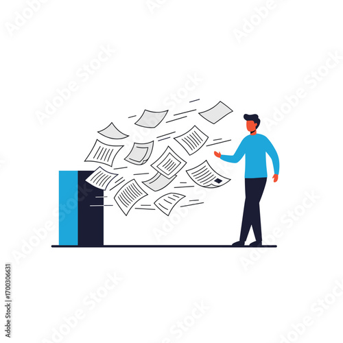 Data destruction concept person tossing documents into shredder machine illustration