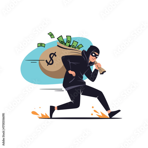 Illustrative depiction of a shadowy figure in a hoodie and mask making off with a large sack overflowing with cash and currency symbols