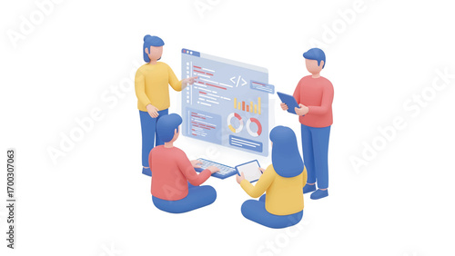 Team collaborates on data analysis, reviewing charts and graphs on a digital screen in a modern office, fostering innovation and strategic decisionmaking.